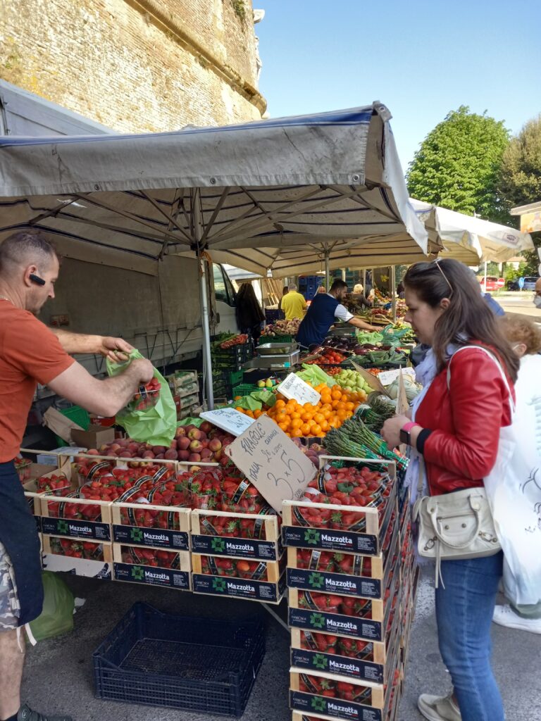 fruits and vegetables at farmers market in Siena, Italy