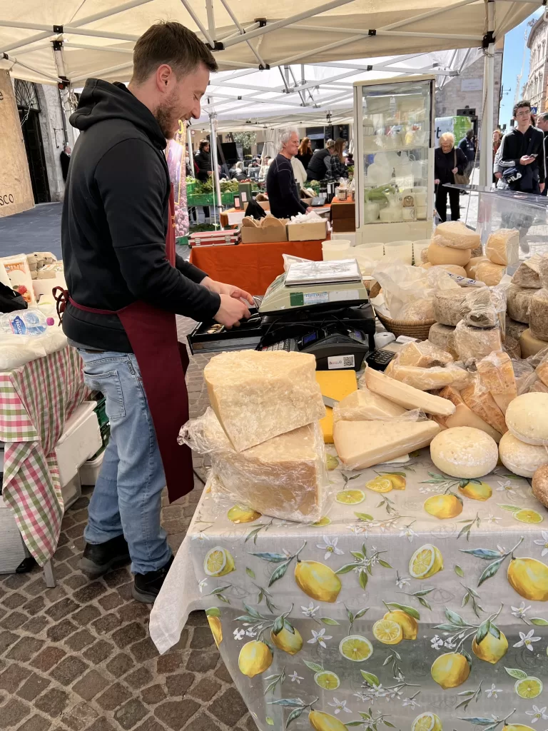 cheese products at farmers market in Perugia, Italy