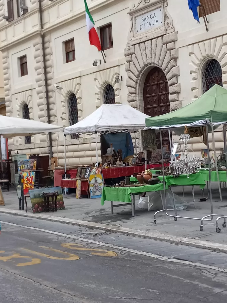 antiques market next to Rocca Paolina and Piazza Italia in Perugia, Italy