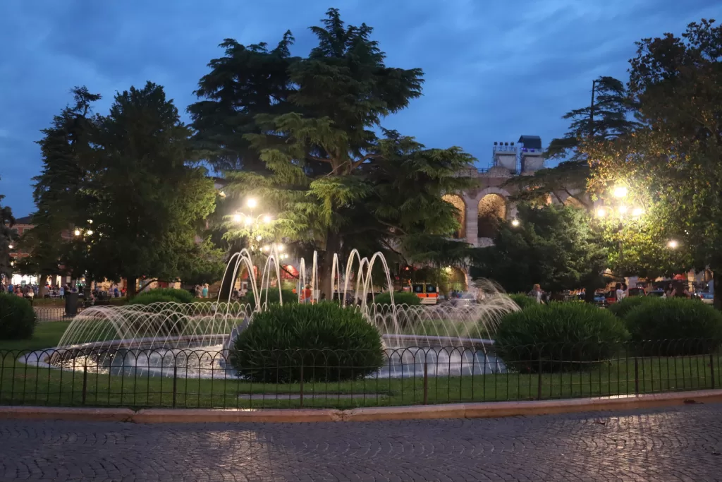 Fountain in park area in Piazza Bra, Verona Italy