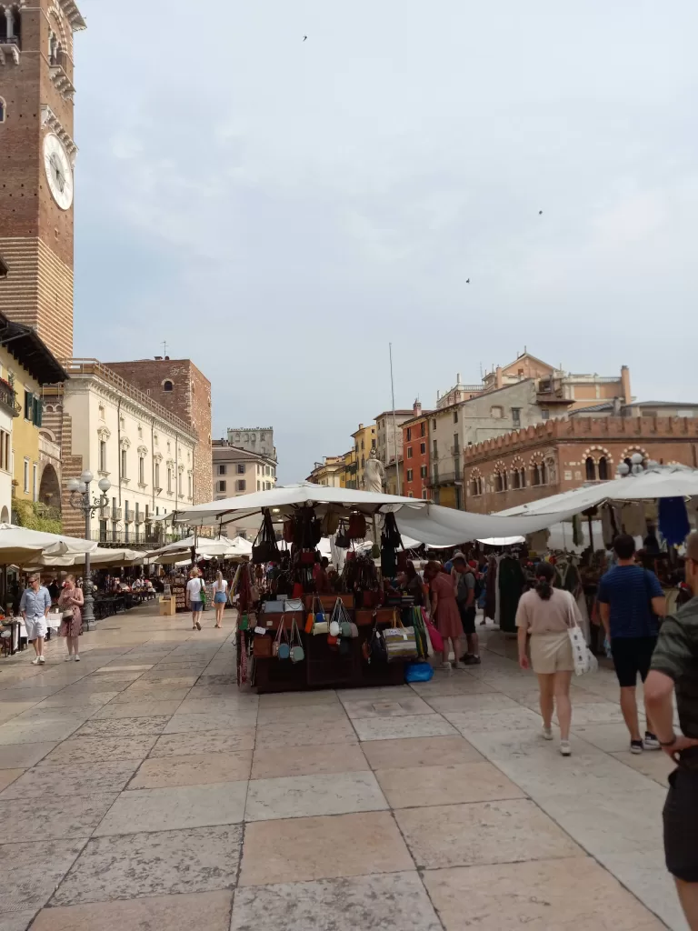 Market stalls in Piazza delle Erbe, Verona Italy