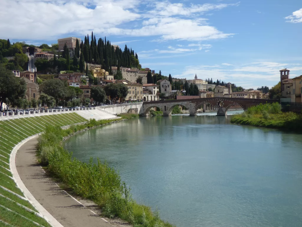 View of Ponte Pietra taken from north of River Adige, Verona Italy