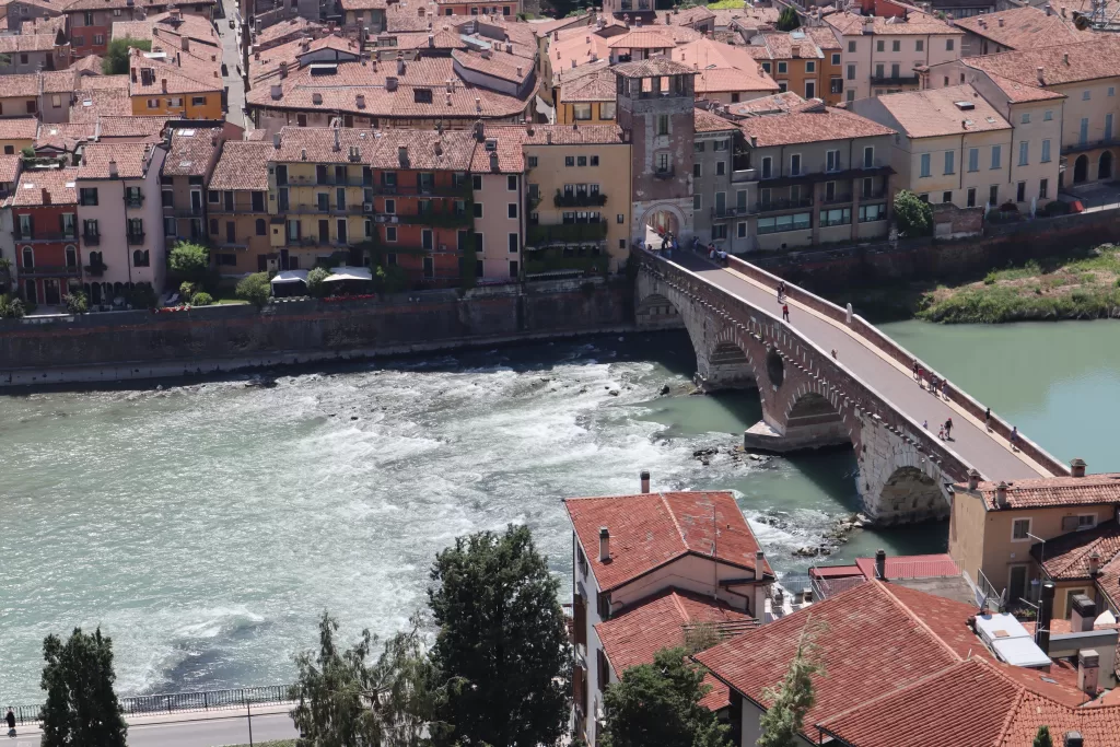 View of Ponte Pietra from Piazzale Castel San Pietro, Verona Italy