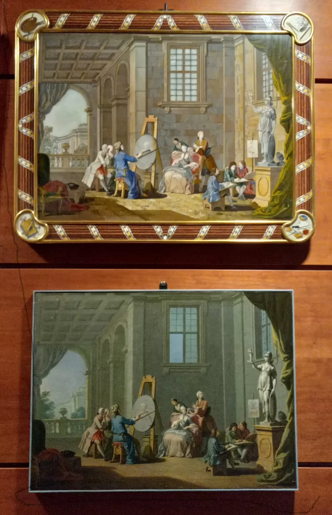 At the Opificio delle Pietre Dure, the top is the semi-precious stone inlay based on the “sketch” painting shown below it